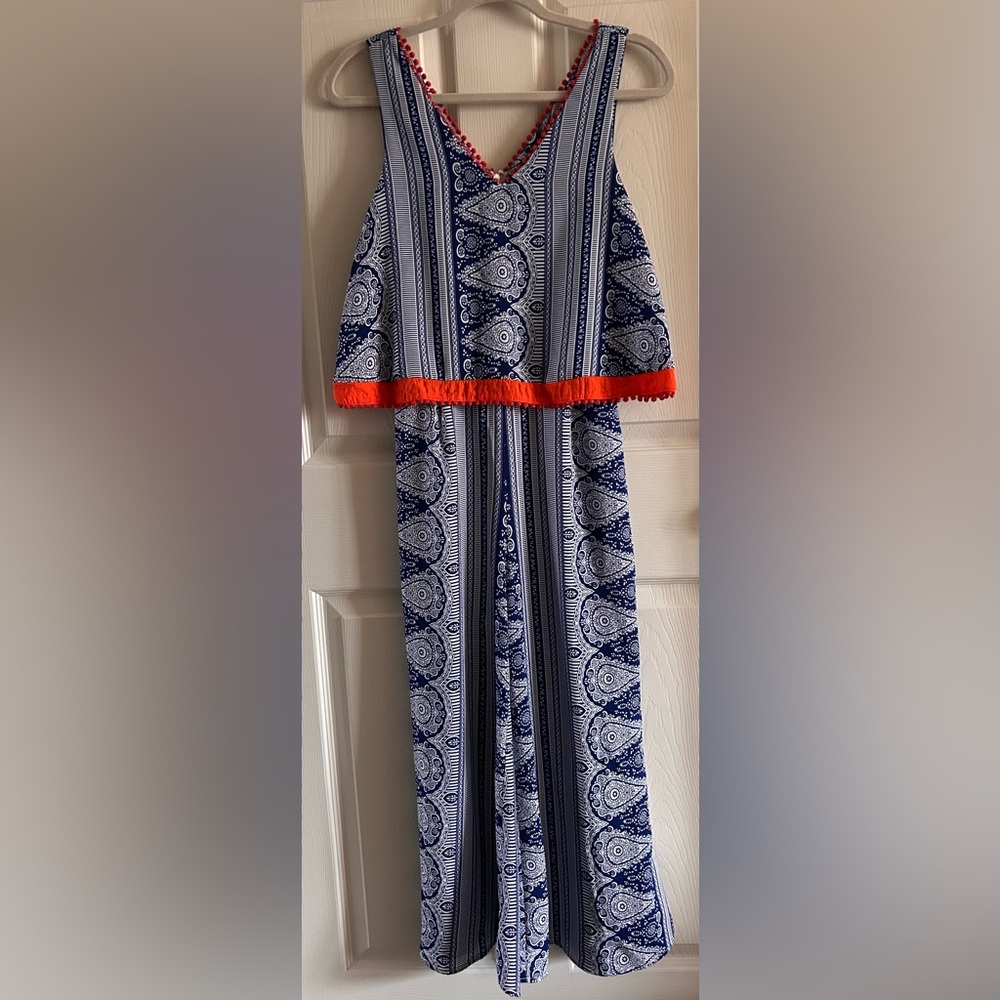 THML‎ Womens Blue & White Wide Leg Jumpsuit With Orange Trim & Back Zipper XS